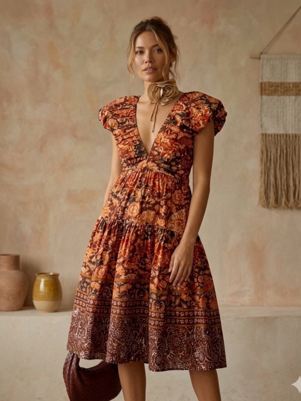 NWT Anthropologie Rust and Burnt Orange Floral Midi Dress With Back Tie.Size 10